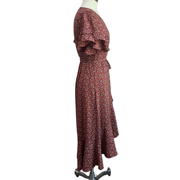 Max Studio Women's Red Floral Midi Ruffle Wrap Dress Size Small - Picture 2 of 11